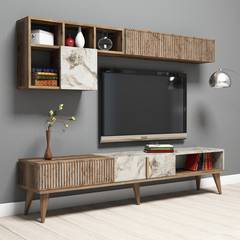 Set aus TV-Möbel, Couchtisch und Wandregal im Ribera-Design Dunkles Holz und Marmoreffekt Weiß