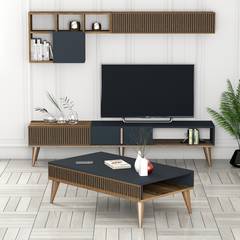 Set aus TV-Möbel, Couchtisch und Wandregal im Ribera-Design Dunkles Holz und Anthrazit
