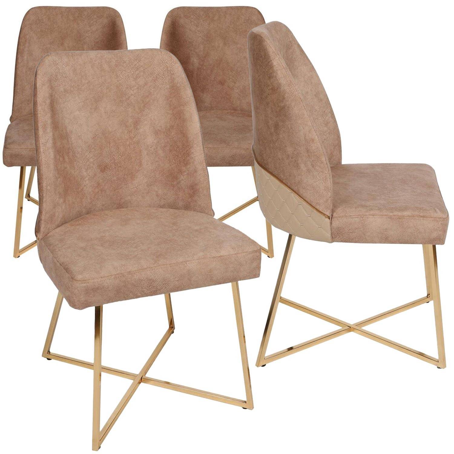 Set di 4 sedie di design Kymish in metallo dorato e velluto marrone chiaro