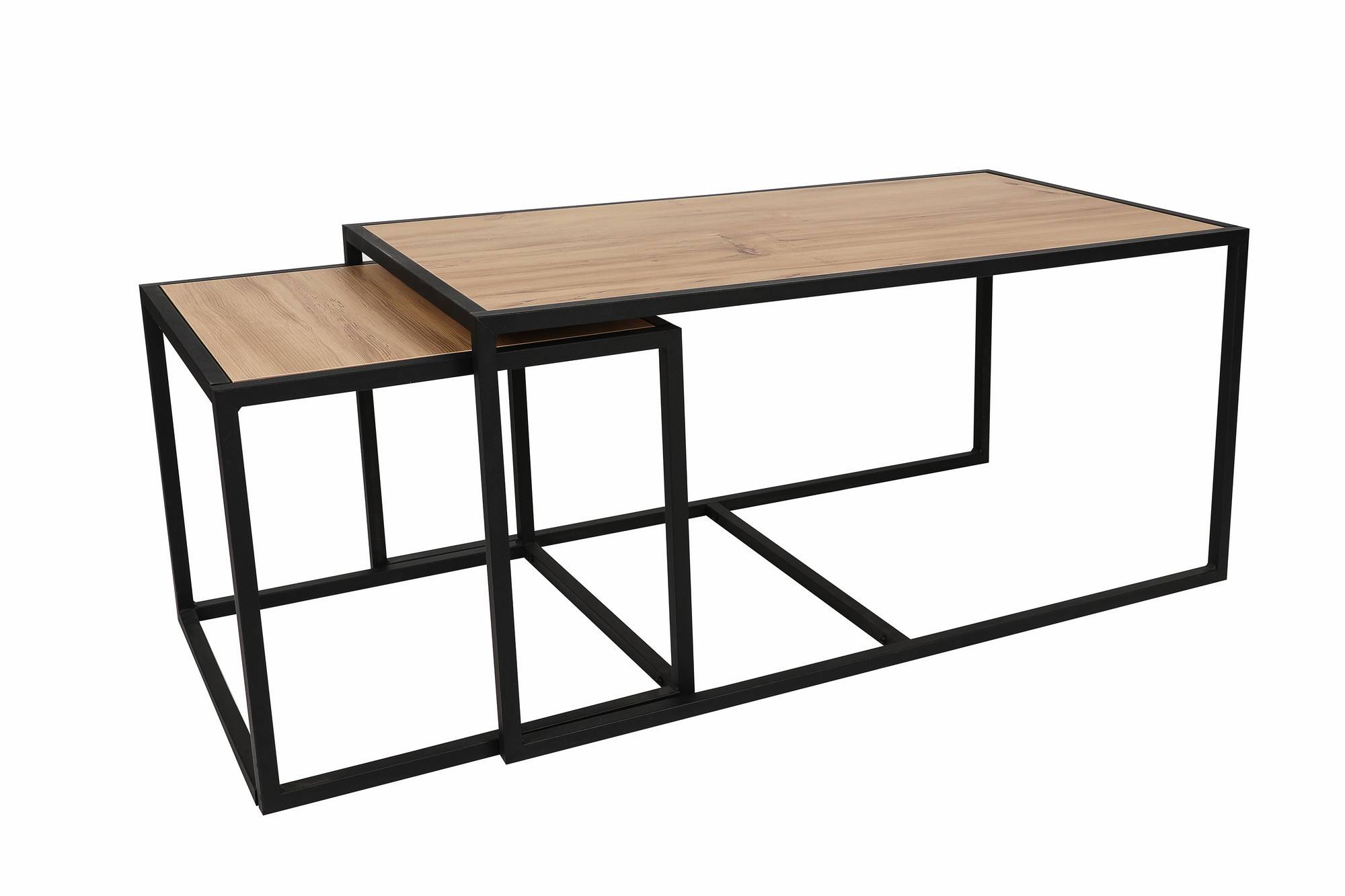 Set de 2 tables gigognes style industriel Genote Métal Noir et Bois Chêne clair