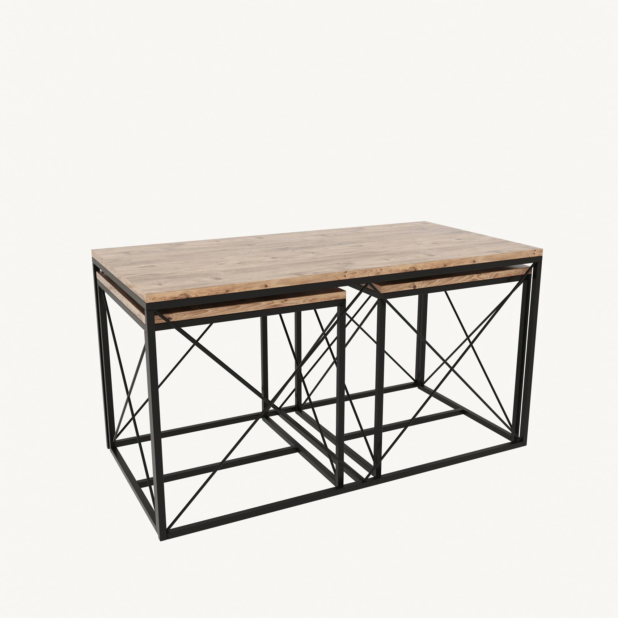 Set van 3 Langkawa salontafels in industriële stijl in zwart metaal en licht hout