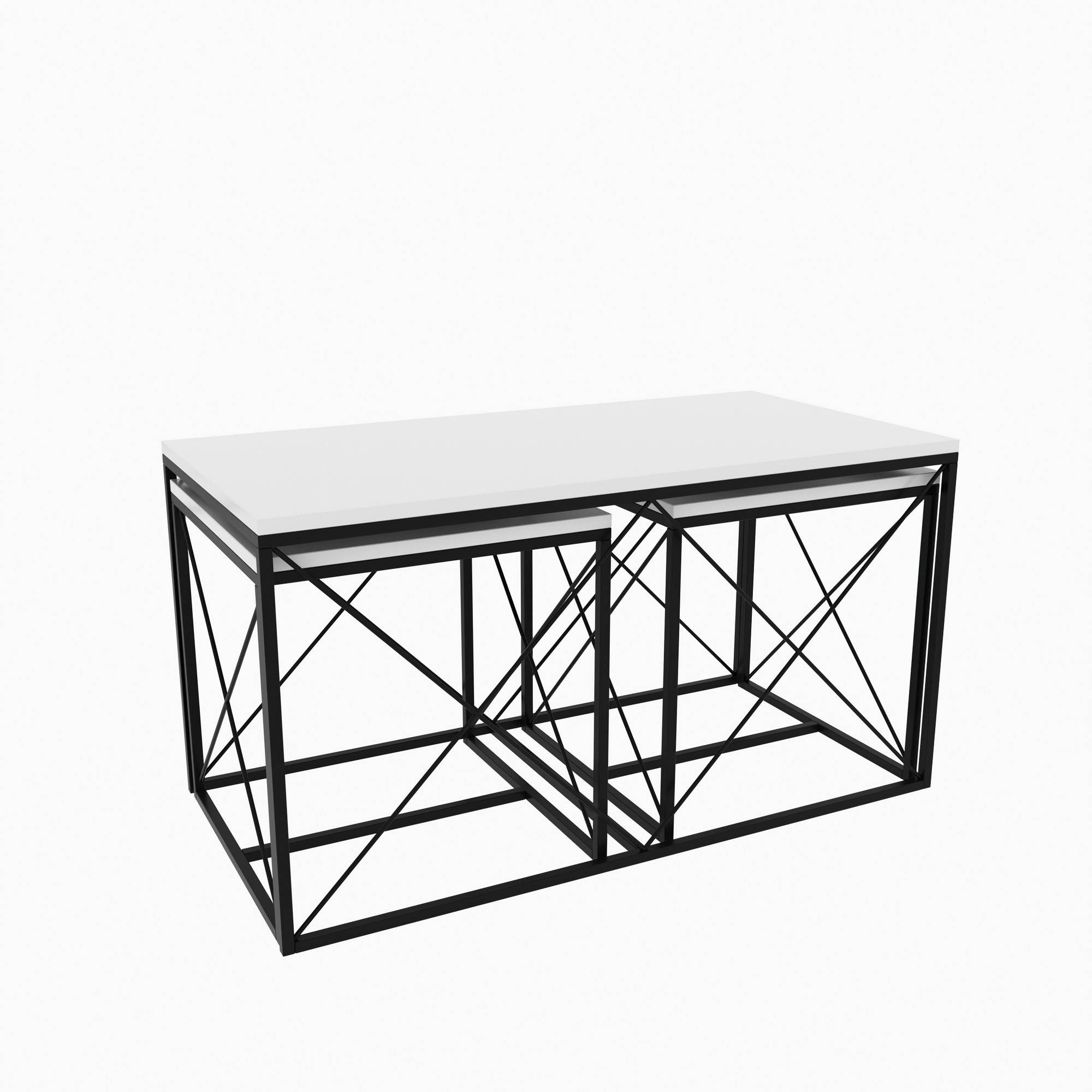 Juego de 3 mesas de centro nido Langkawa de estilo industrial en metal negro y madera blanca