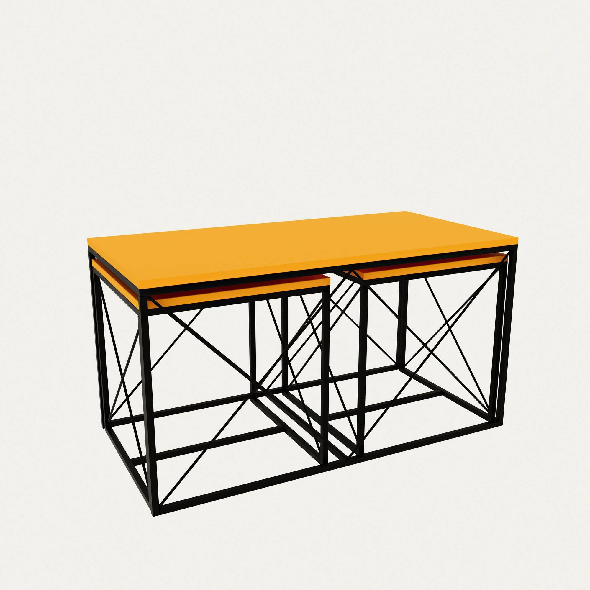 Set van 3 Langkawa salontafels in industriële stijl in zwart metaal en geel hout
