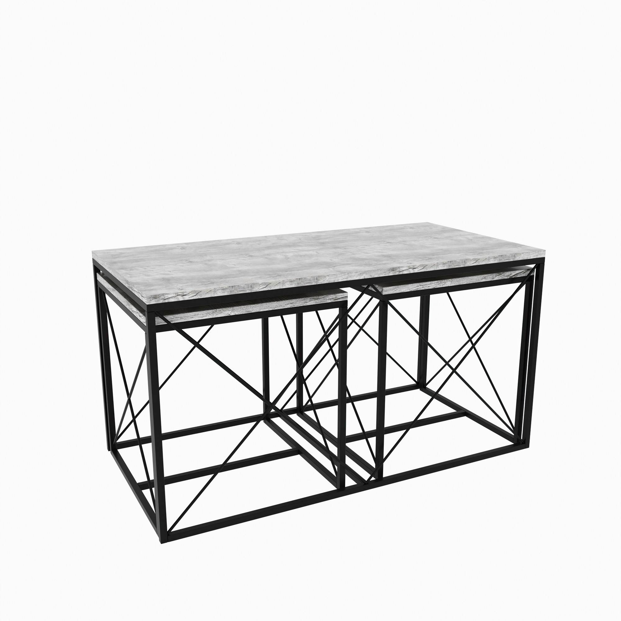 Set di 3 tavolini nidificanti in stile industriale Langkawa in metallo nero e legno grigio chiaro