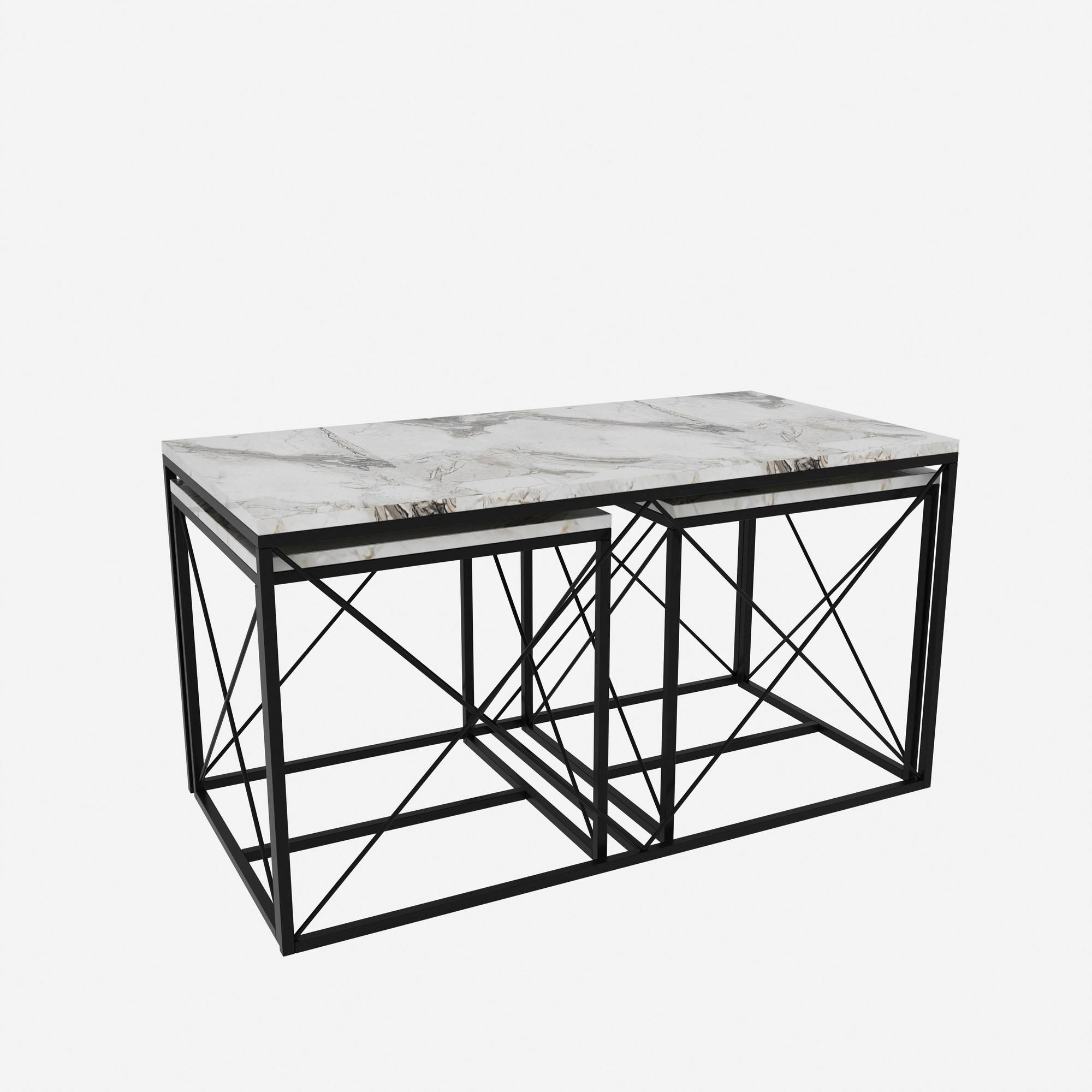 Set de 3 tables basses gigognes style industriel Langkawa Métal Noir et Bois Effet marbre Blanc