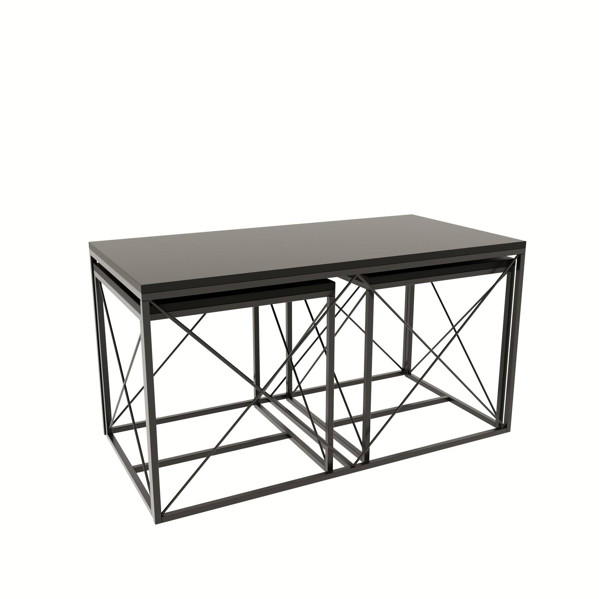 Lote de 3 mesas de centro nido Langkawa de estilo industrial en metal negro y madera antracita