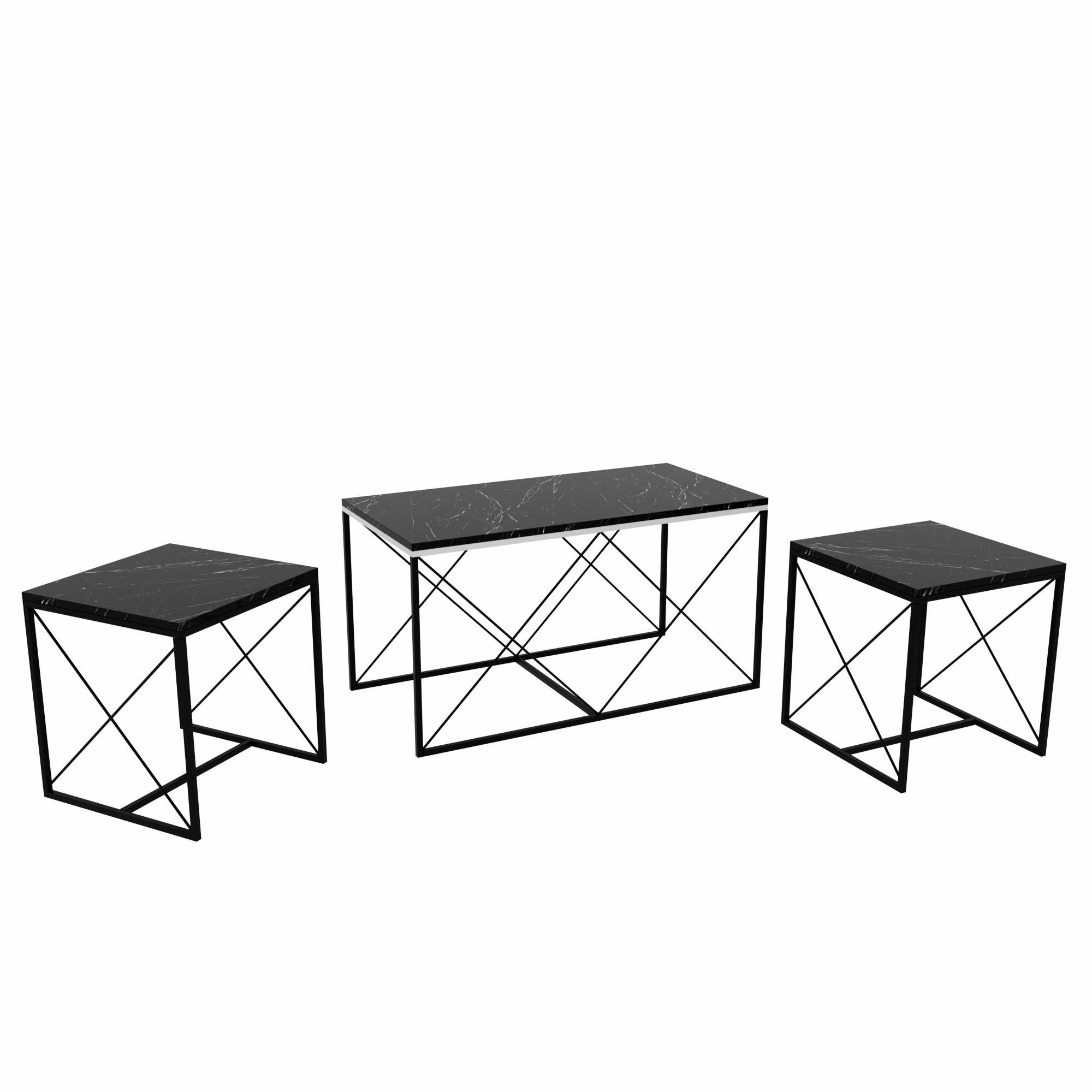 Set de 3 tables basses gigognes style industriel Langkawa Métal Noir et Bois Effet marbre Noir