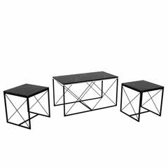 Set van 3 Langkawa salontafels in industriële stijl van zwart metaal en zwart hout met marmereffect