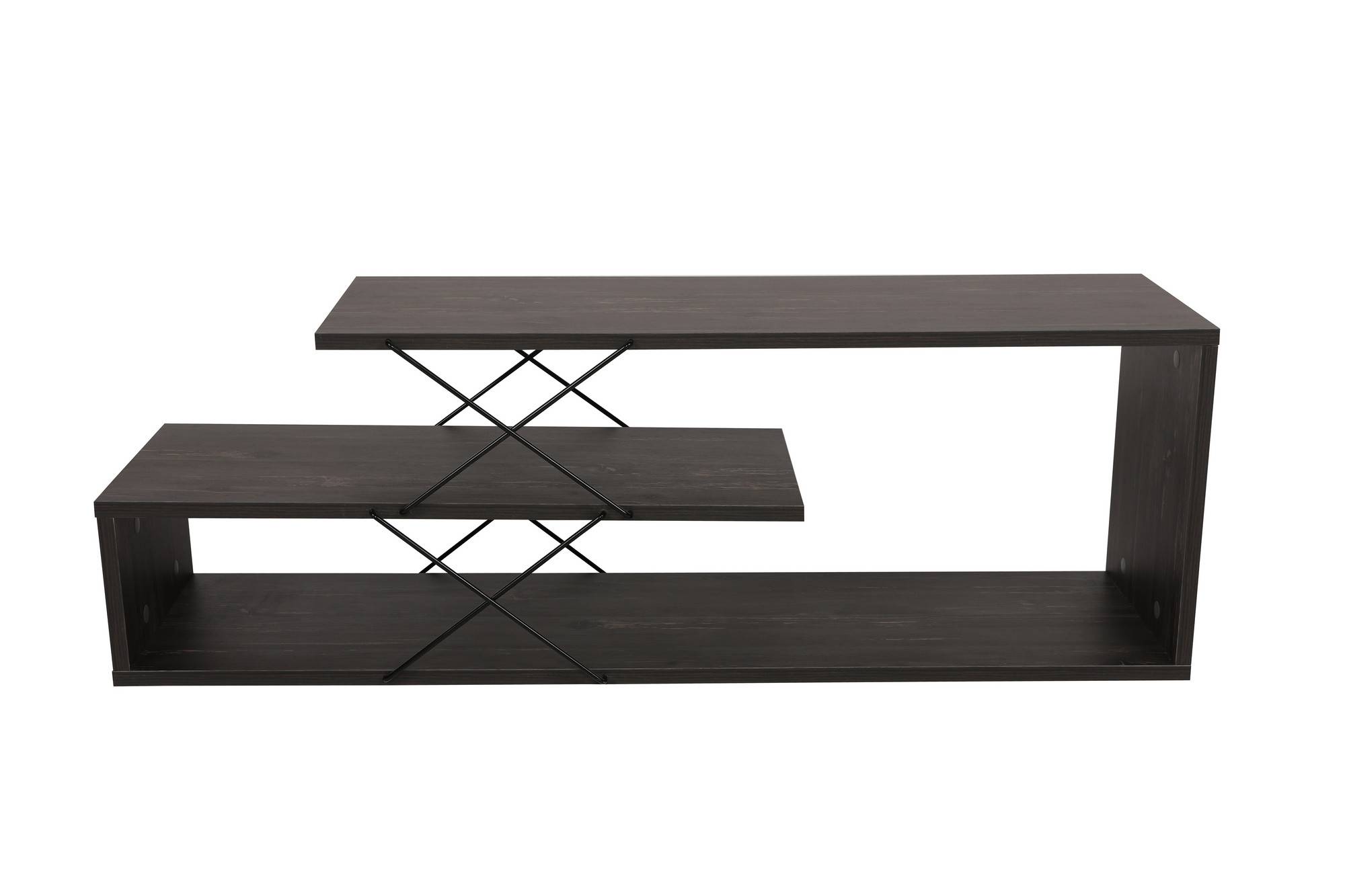 Loiria TV-Ständer mit 2 Ablagen, 120 cm, schwarzes Metall und dunkelbraunes Holz
