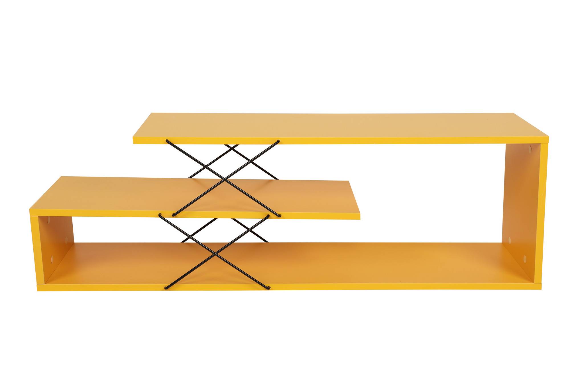 Loiria TV-Möbel mit 2 Ablagen, 120 cm, schwarzes Metall und gelbes Holz