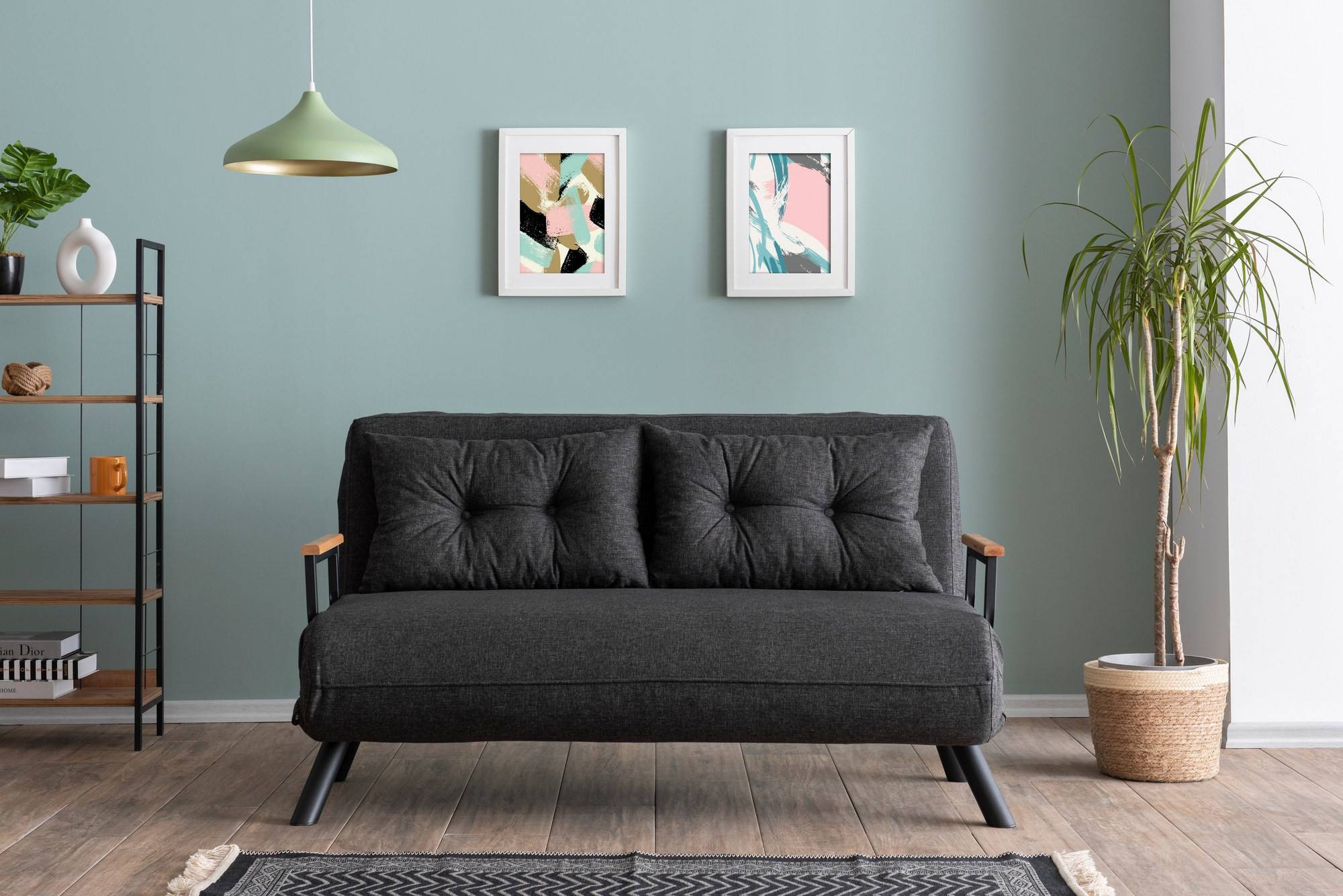 2-Sitzer-Sofa, umwandelbar, Yolanda Metall Schwarz und Leinen Dunkelgrau