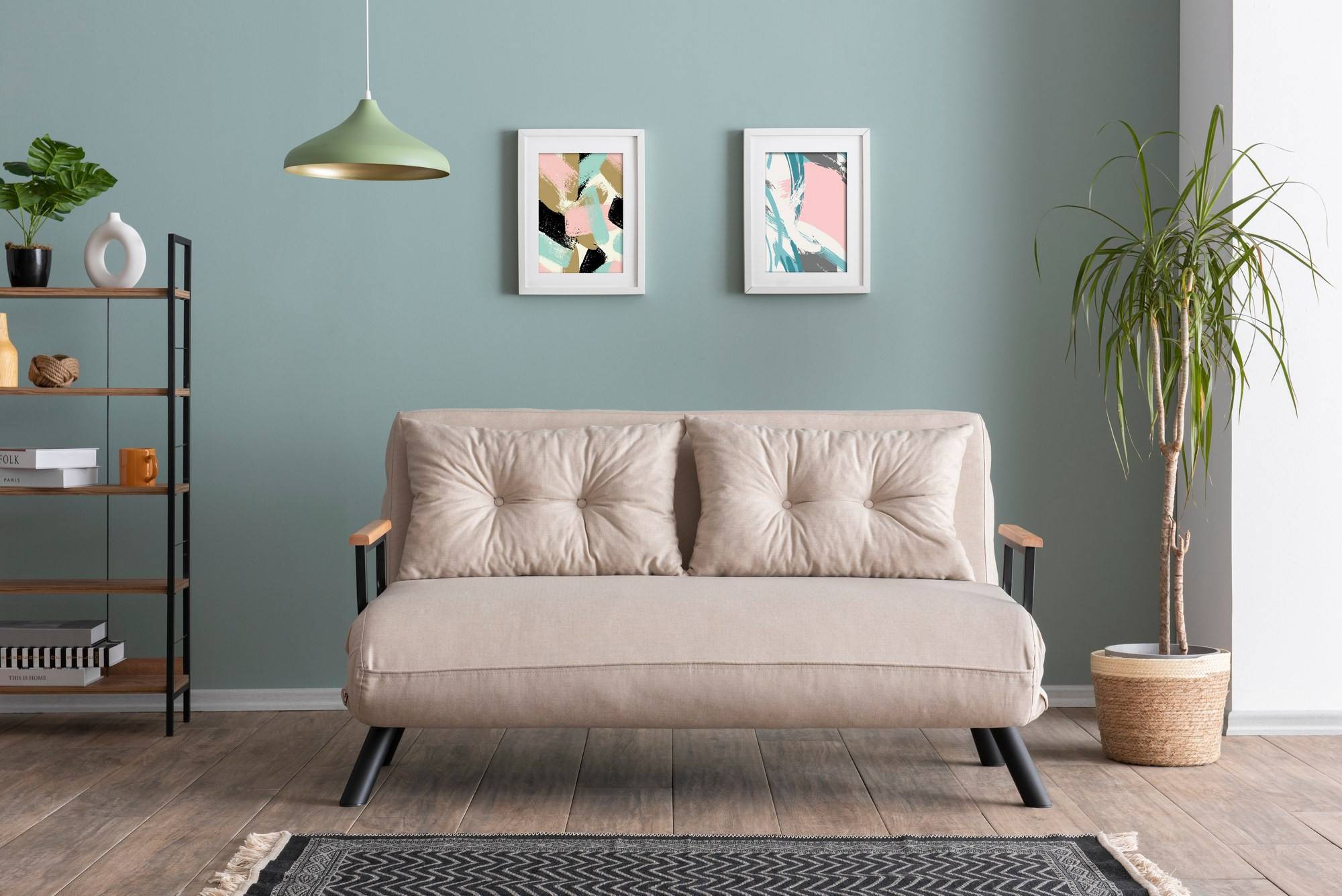 2-Sitzer-Sofa, umwandelbar, Yolanda Metall Schwarz und Leinen Cremeweiß