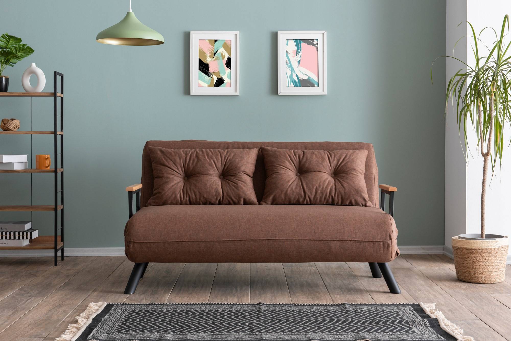 2-Sitzer-Sofa, umwandelbar, Yolanda Metall Schwarz und Leinen Hellbraun