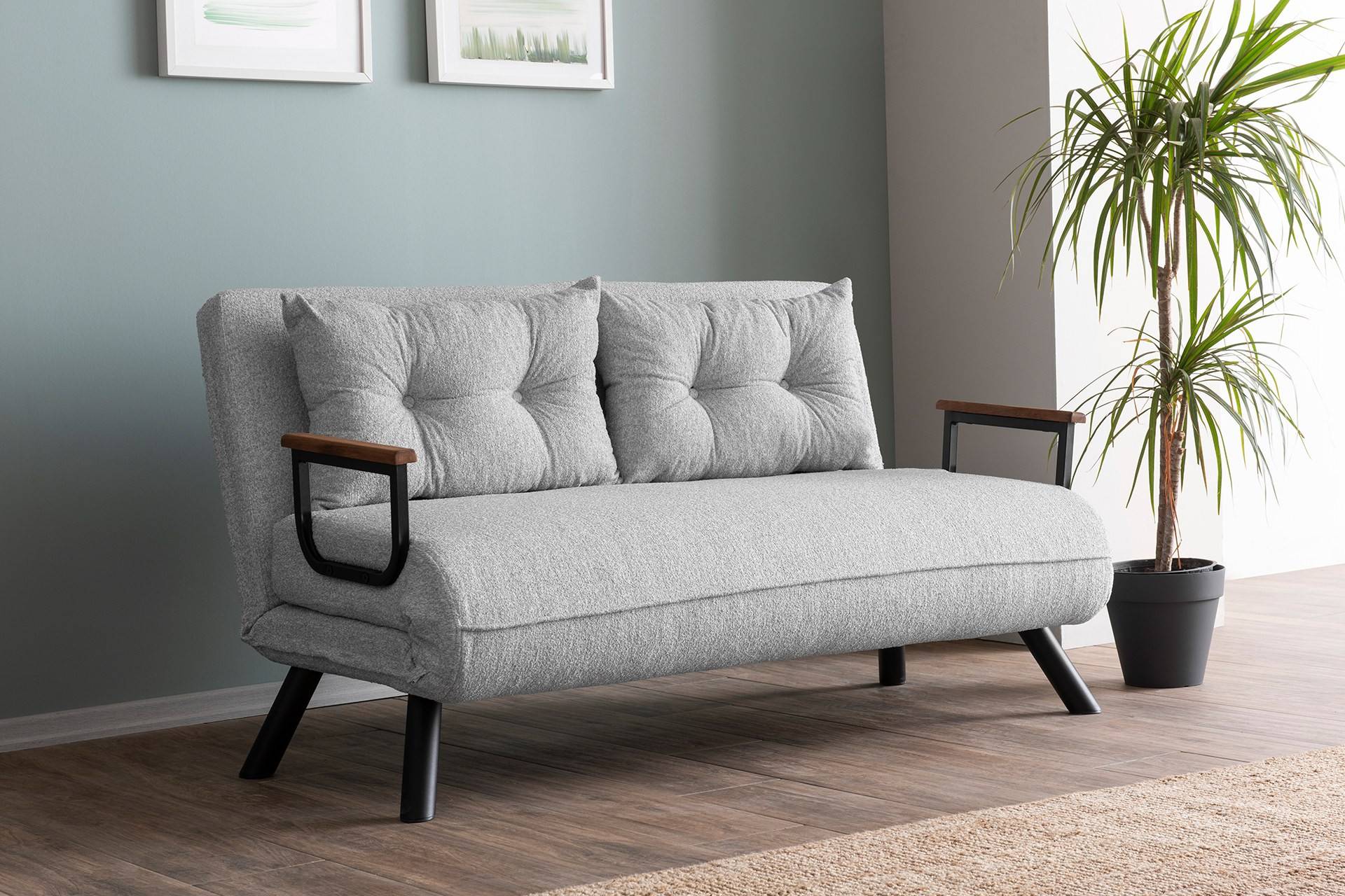 2-Sitzer-Sofa, umwandelbar, Yolanda Schwarzes Metall und grauer Bouclé-Stoff