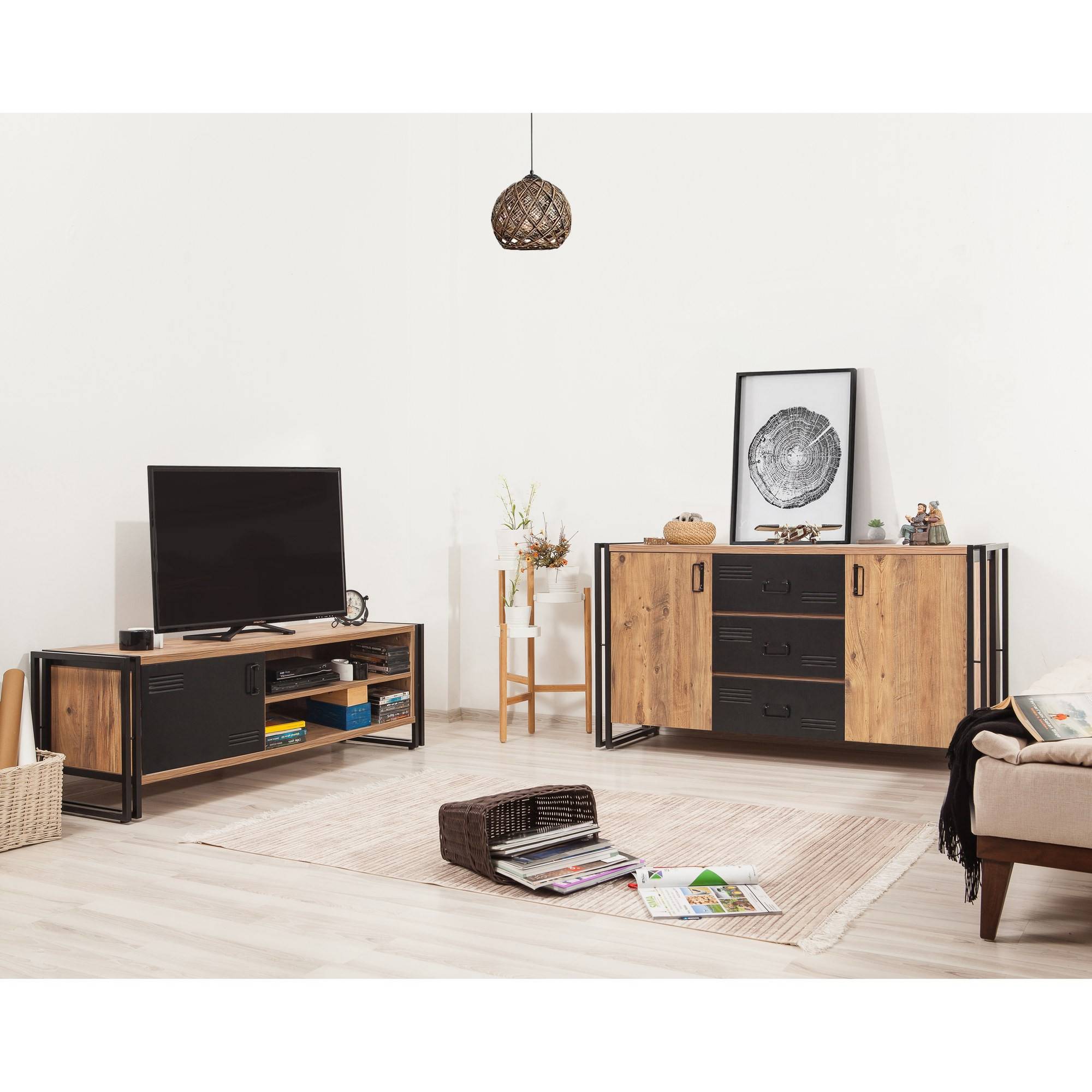 TV-meubel en dressoir Niamh zwart metaal en licht hout