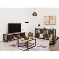 Senlid licht hout en zwart metalen tv-meubel, dressoir en salontafel set