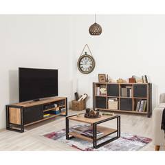 Sanlid TV-meubel, salontafel en dressoir in industriële stijl in zwart metaal en natuurlijk hout
