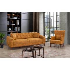 3-Sitzer-Sofa mit Stauraum und Sessel Kohler Velours Kunstledereffekt gepolstert Gelb