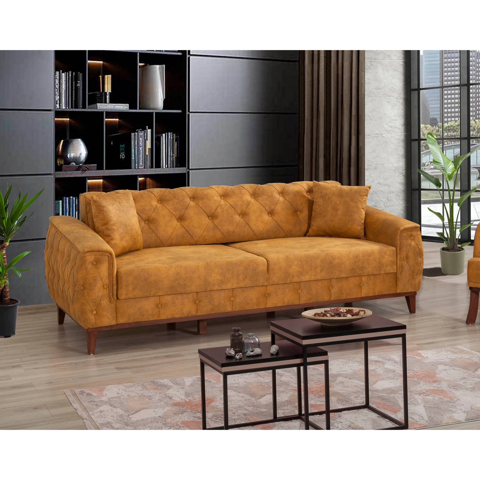 3-Sitzer-Sofa mit Stauraum Kohler Velours Kunstledereffekt gepolstert Gelb