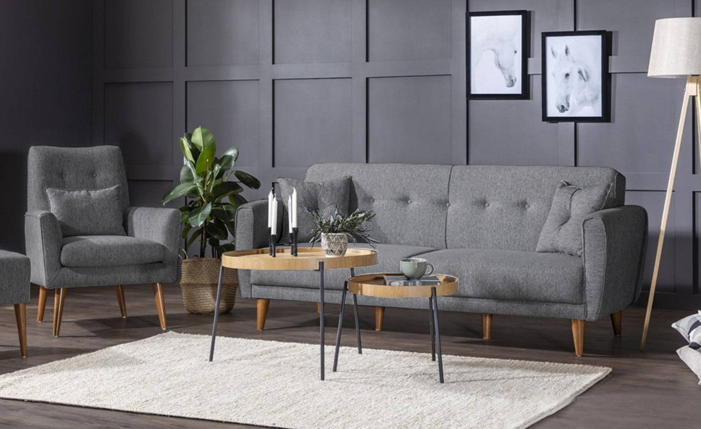 Conjunto de sofá y sillón de 3 plazas Uzume Tela gris oscuro