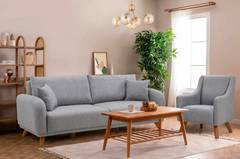 Set di divano letto a 3 posti con contenitore e poltrona Occimis Tessuto Grigio chiaro