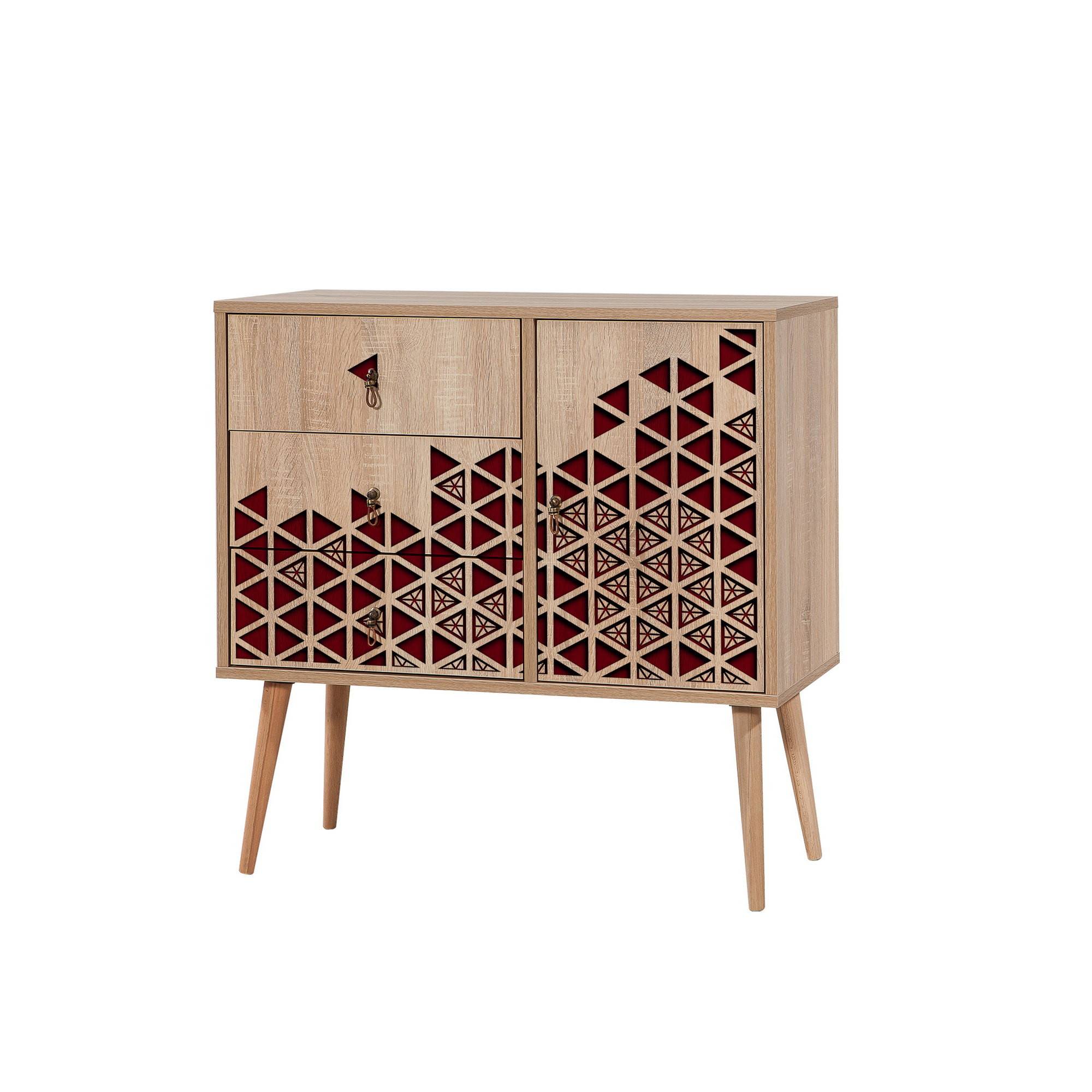 Kommode mit 1 Tür und 3 Schubladen Areva 90x90cm Geometrisches Muster Naturholz und Bordeaux