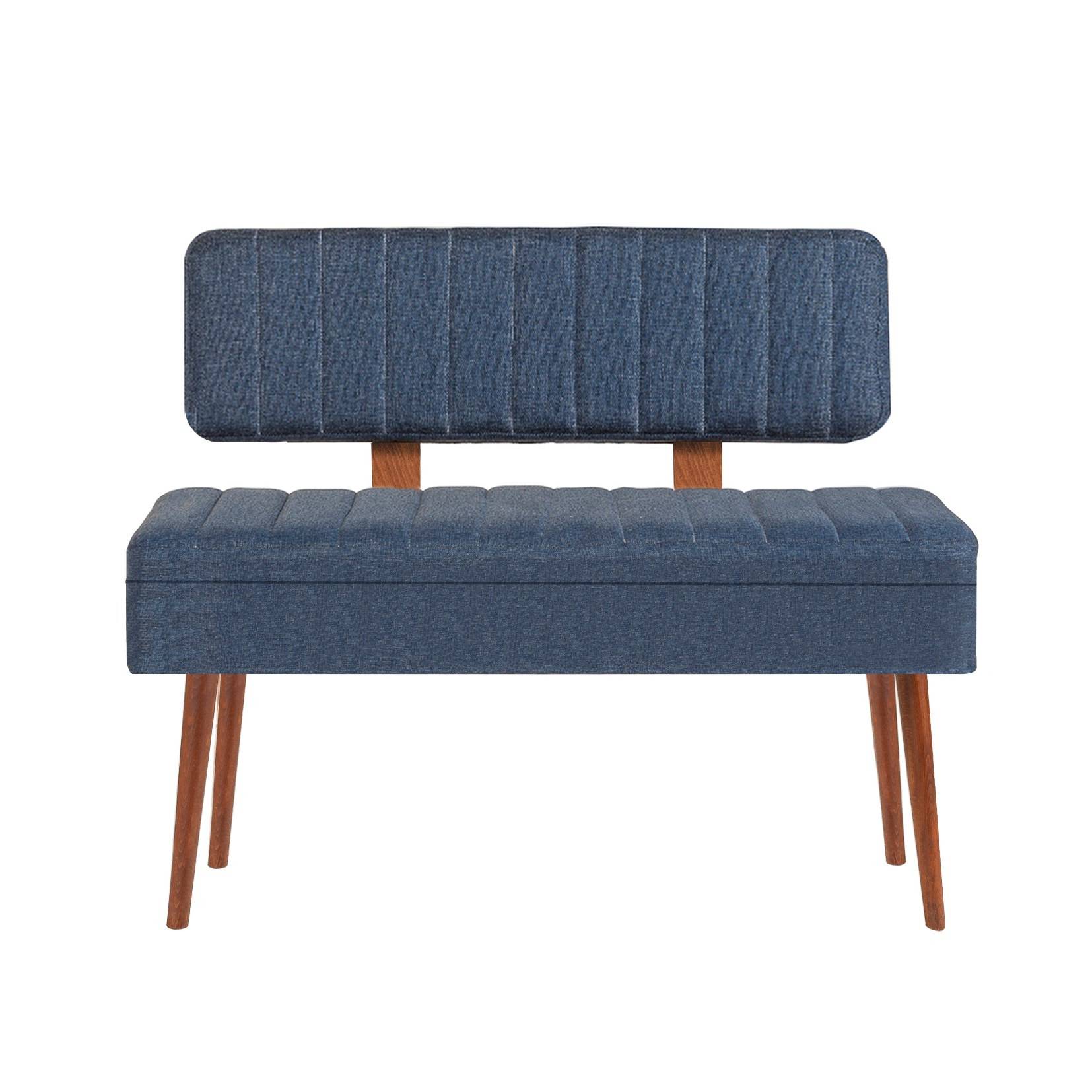 Molva asiento banco tapizado con respaldo L105cm Madera oscura y tela azul oscuro