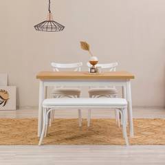 Set van 2 witte stoelen, 1 bankje en 1 witte en lichthouten Iridus-tafel