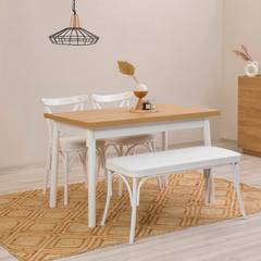 Set van 2 witte stoelen, 1 bankje en 1 witte en lichthouten Iridus-tafel