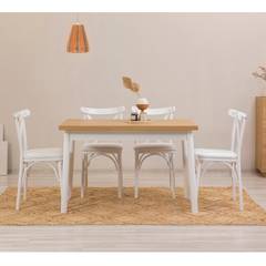 Conjunto de 4 sillas blancas y 1 mesa Iridus blanca y madera clara