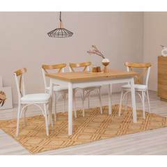 Set van 4 stoelen en 1 uitschuifbare tafel Iridus Wit en Licht Hout