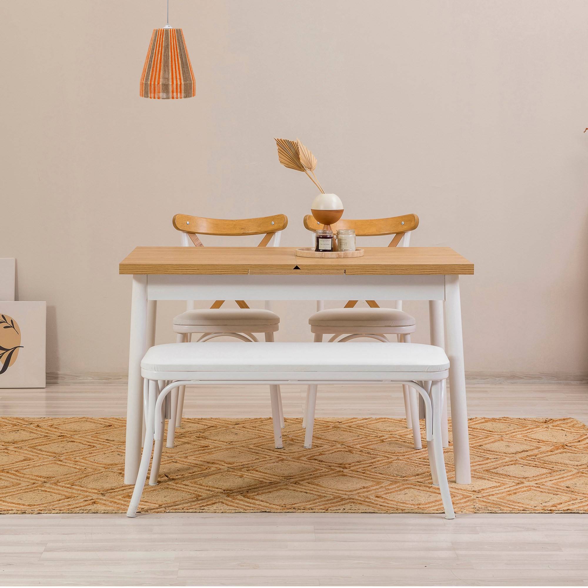 Set di 2 sedie, 1 panca e 1 tavolo allungabile Iridus bianco e legno chiaro