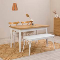 Set van 2 stoelen, 1 bankje en 1 uitschuifbare tafel Iridus Wit en Licht Hout