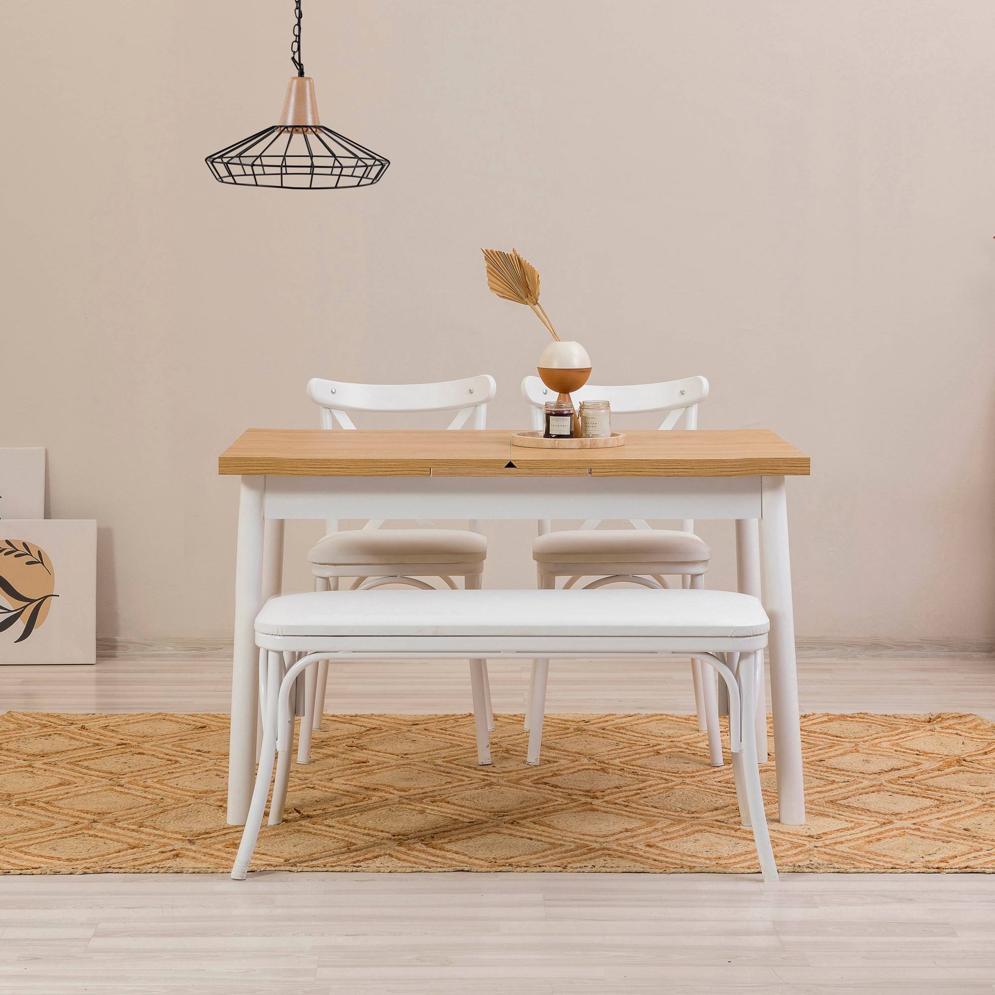 Set di 2 sedie bianche, 1 panca e 1 tavolo allungabile in legno chiaro e bianco Iridus
