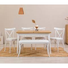 Set da pranzo allungabile 6 pezzi Iridus bianco e legno chiaro con sedie bianche