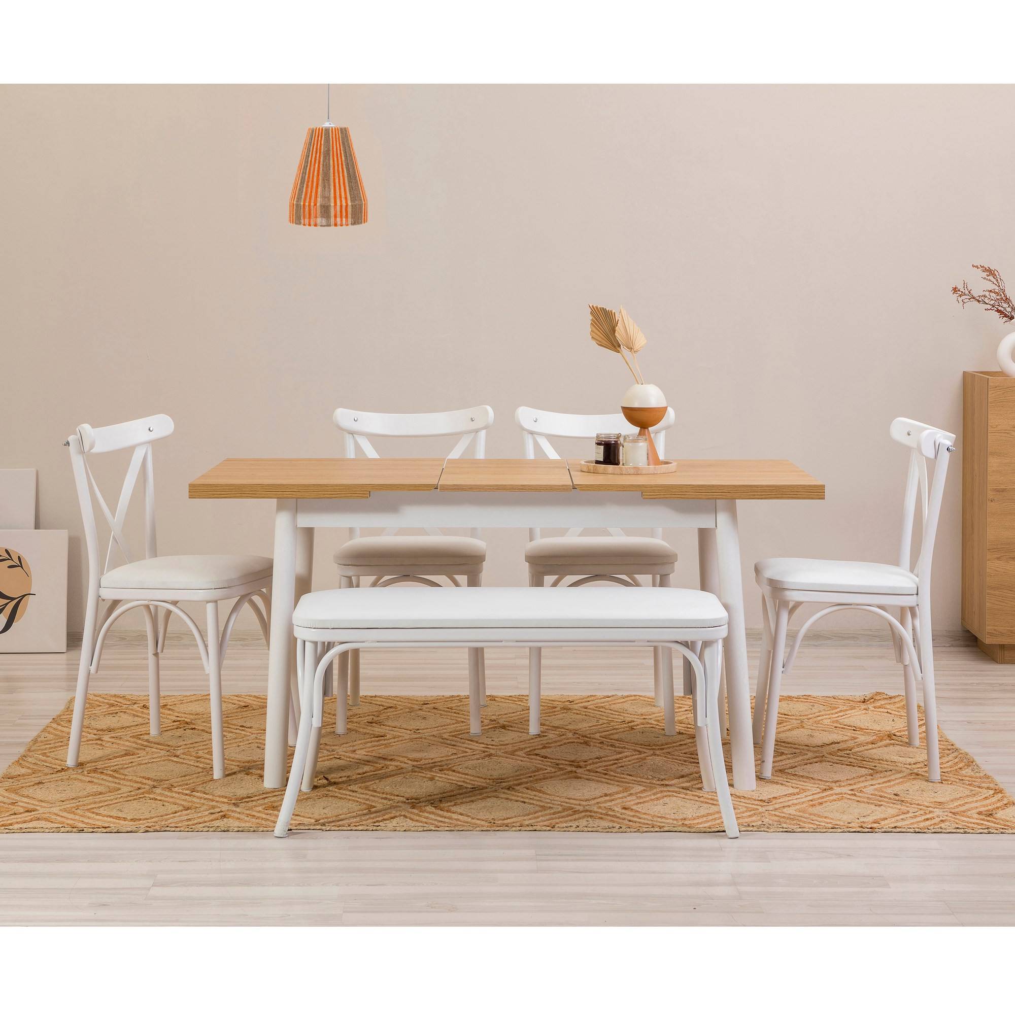 Set da pranzo allungabile 6 pezzi Iridus bianco e legno chiaro con sedie  bianche