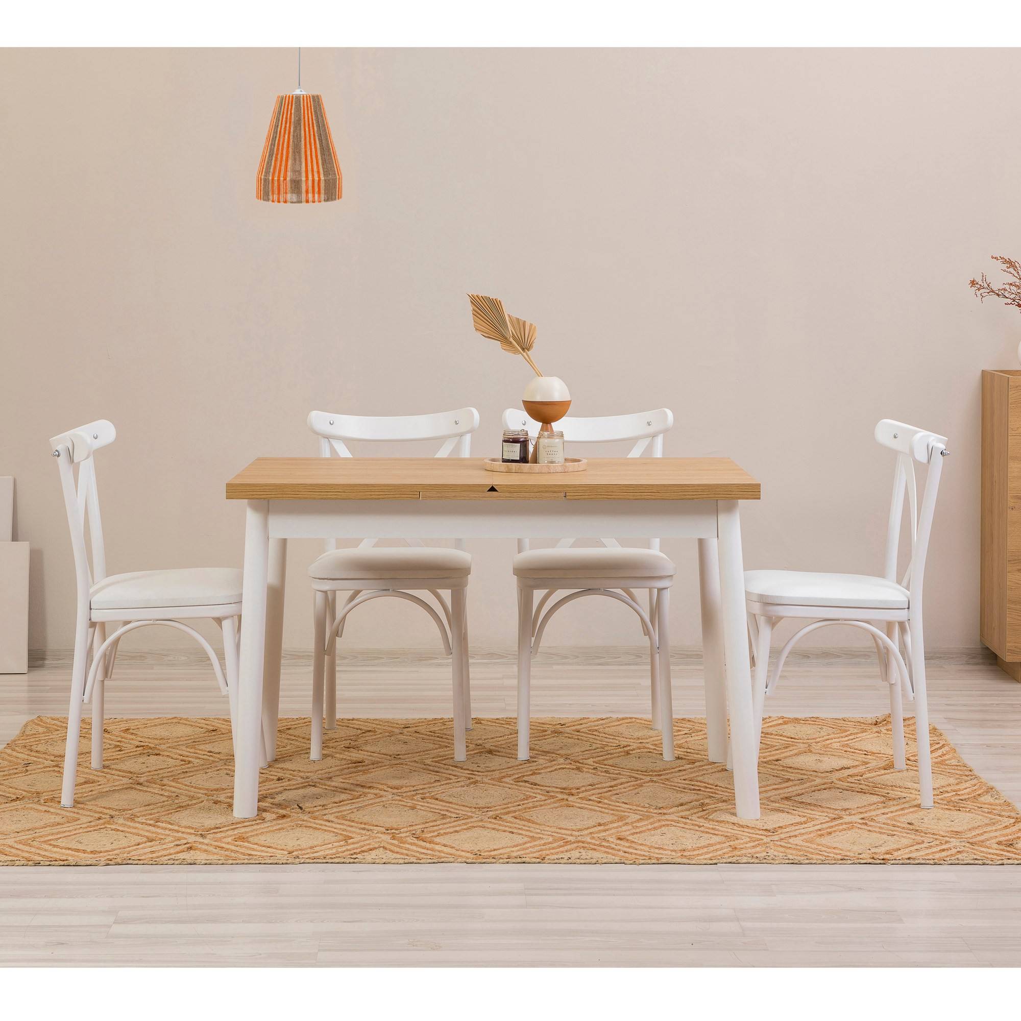 Juego de 4 sillas blancas y 1 mesa extensible Iridus blanca y madera clara