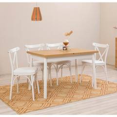 Set van 4 witte stoelen en 1 uitschuifbare tafel Iridus wit en licht hout