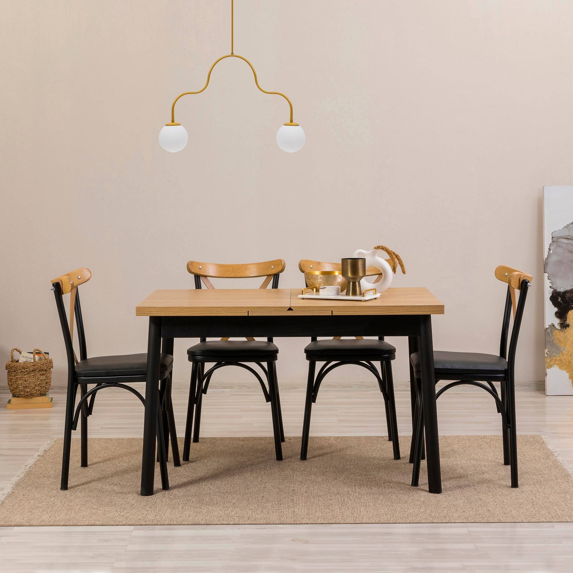 Set van 4 stoelen en 1 uitschuifbare tafel Iridus zwart en licht hout