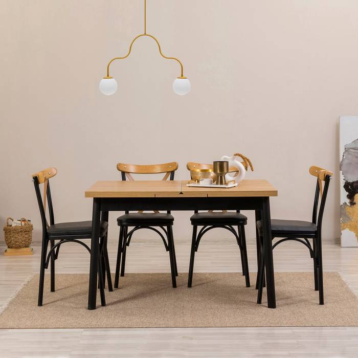Set di 4 sedie e 1 tavolo allungabile Iridus nero e legno chiaro