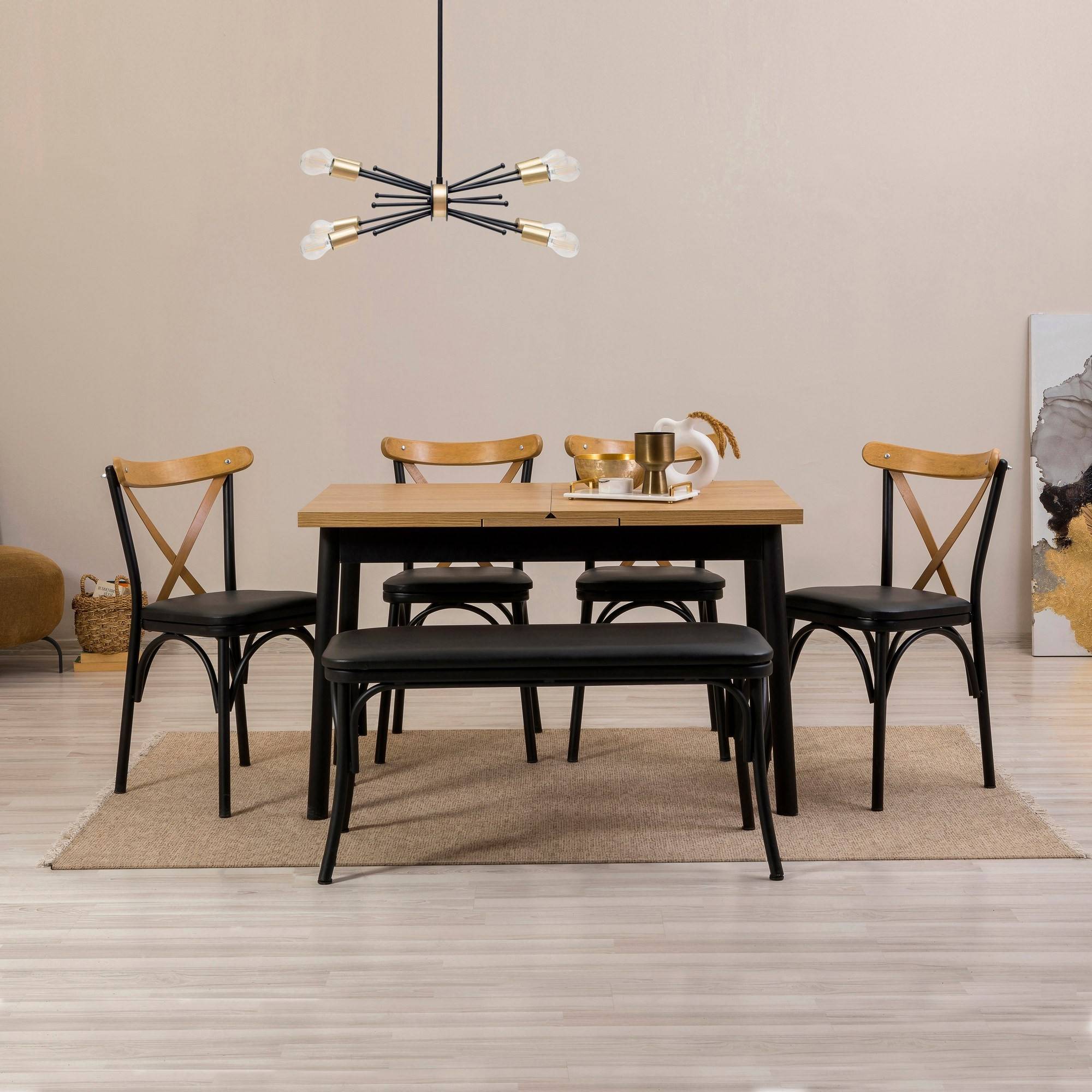 6-teiliges Esszimmerset mit ausziehbarem Tisch Iridus Schwarz und helles Holz