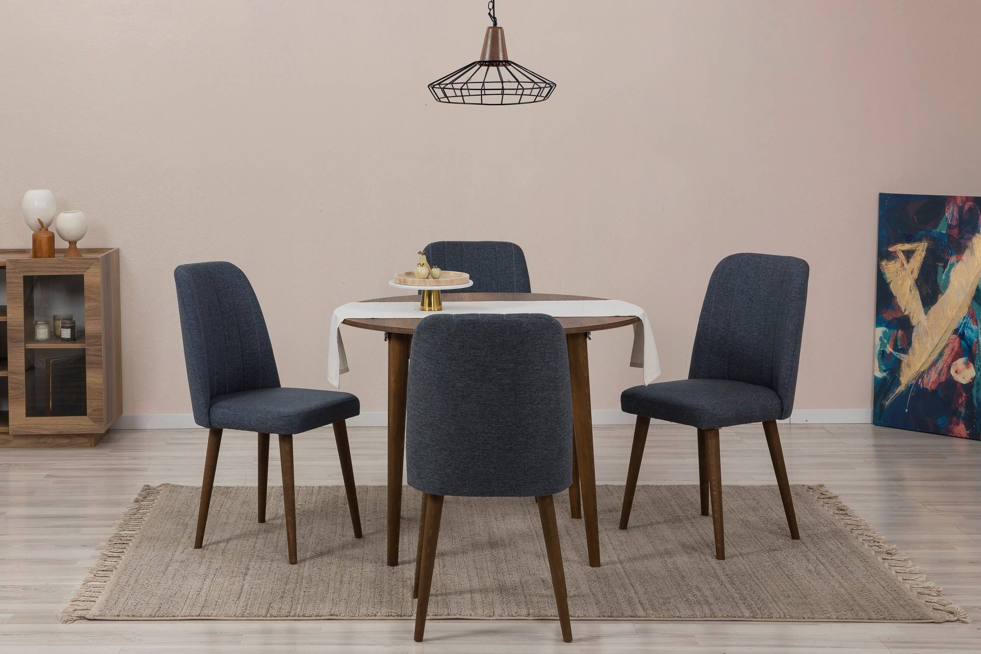 Set erweiterbarer runder Tisch und 4 Stühle Malva Dunkelholz und Marineblauer Stoff