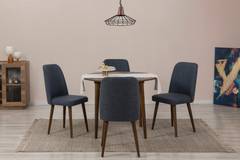 Set Tisch rund ausziehbar und 4 Stühle Malva Dunkelholz und Marineblauer Stoff