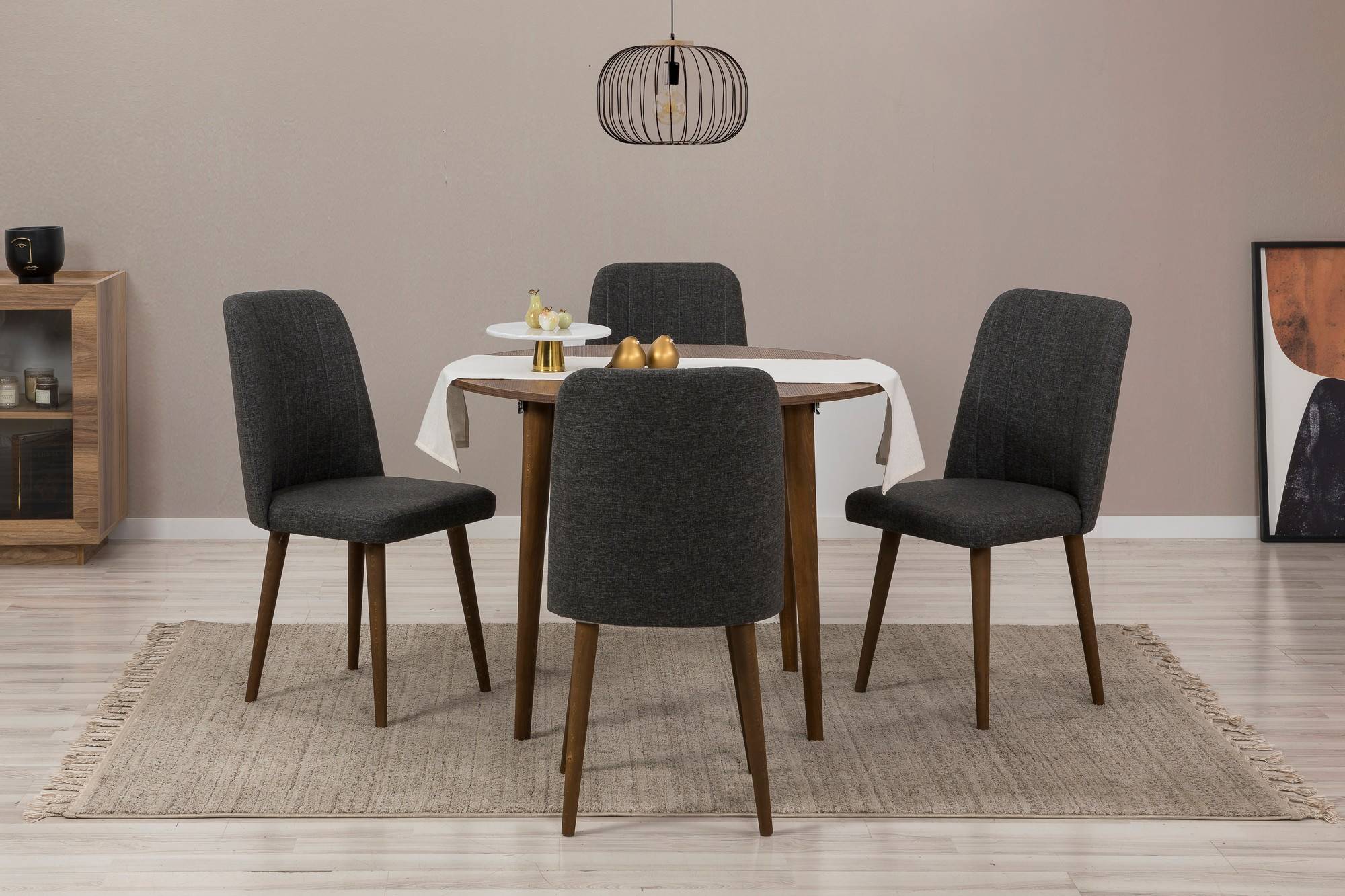 Stel een uitbreidbare ronde eettafel en 4 stoelen Malva samen, donker hout en antraciet stof.
