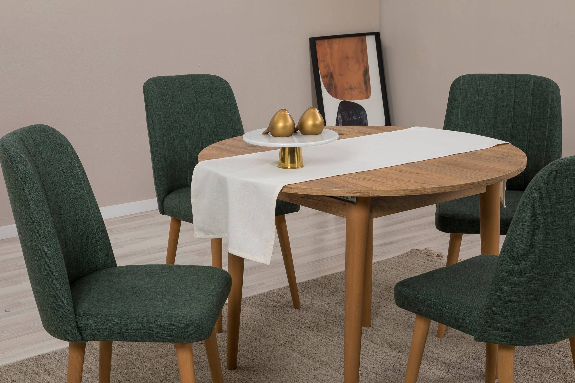 Set table ronde extensible et 4 chaises Malva Bois clair et Tissu Vert