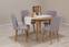 Set ausziehbarer runder Esstisch und 4 Stühle Malva in hellem Holz und hellem grauem Stoff.