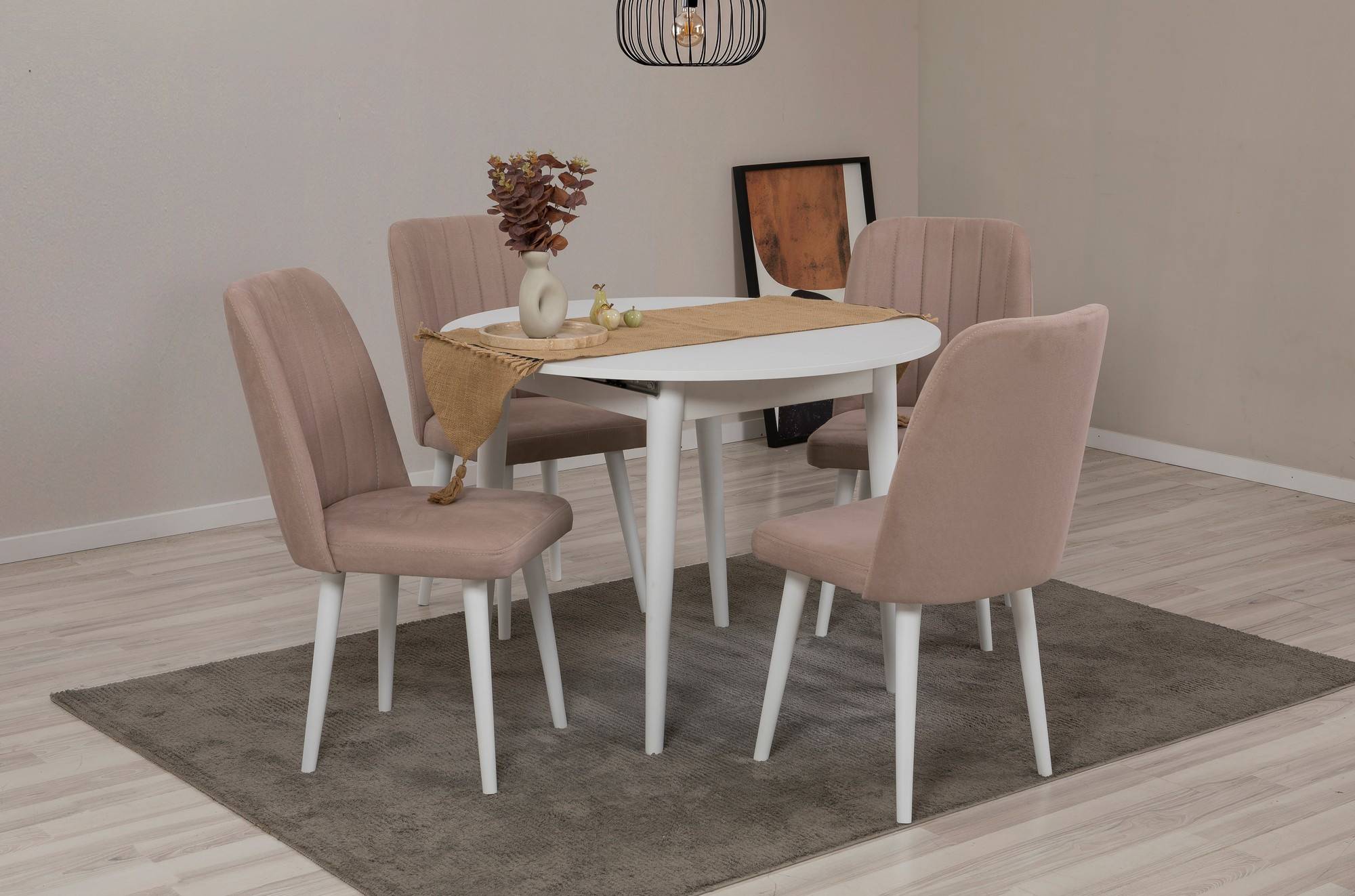 Conjunto de mesa redonda extensible y 4 sillas Malva de madera blanca y tela taupe.