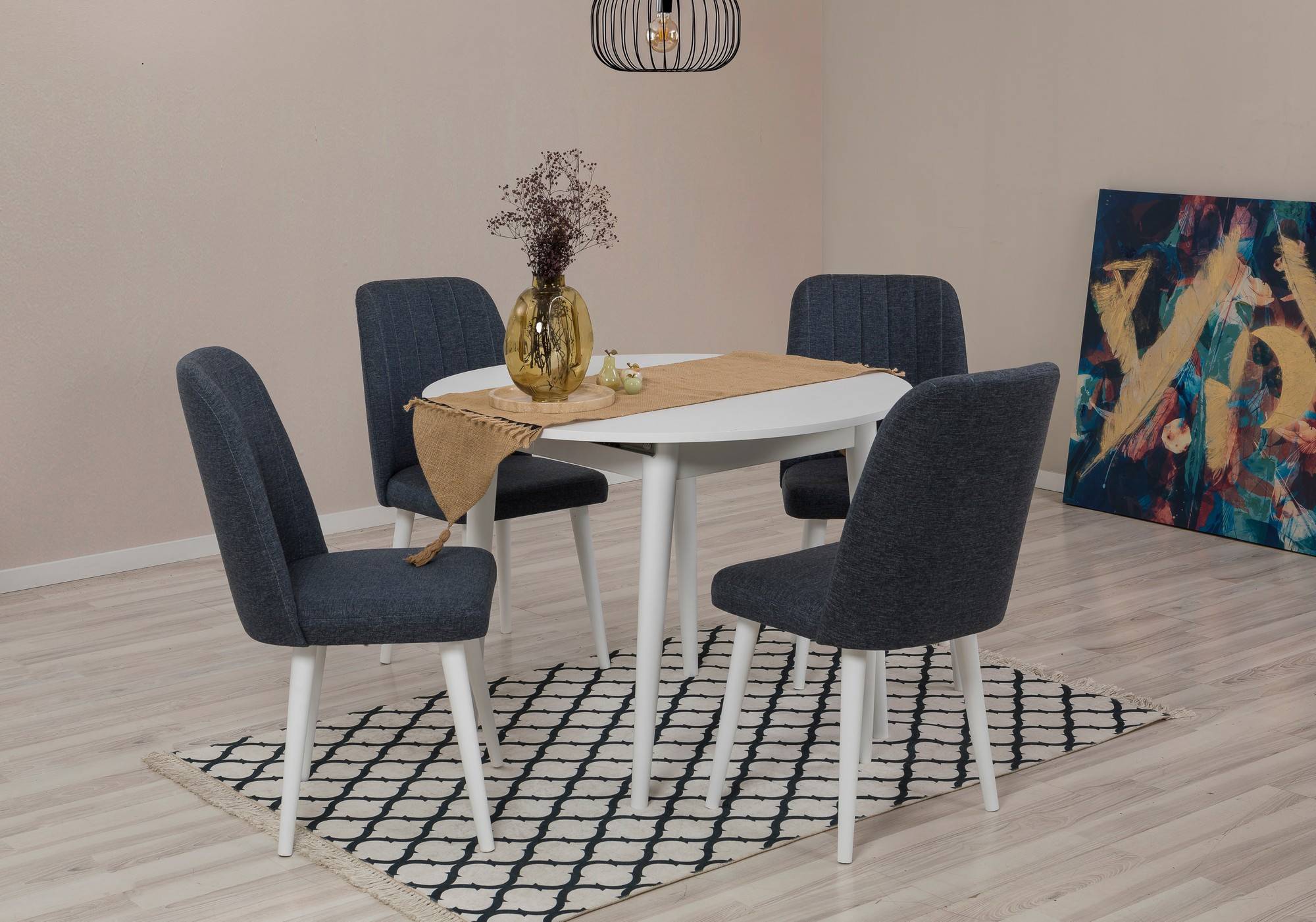 Set table ronde extensible et 4 chaises Malva Bois Blanc et Tissu Bleu marine