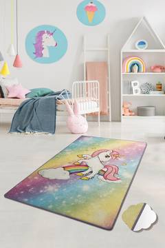 Tapis Nuan 100x160cm Velours Motif Unicorne animé Multicolore