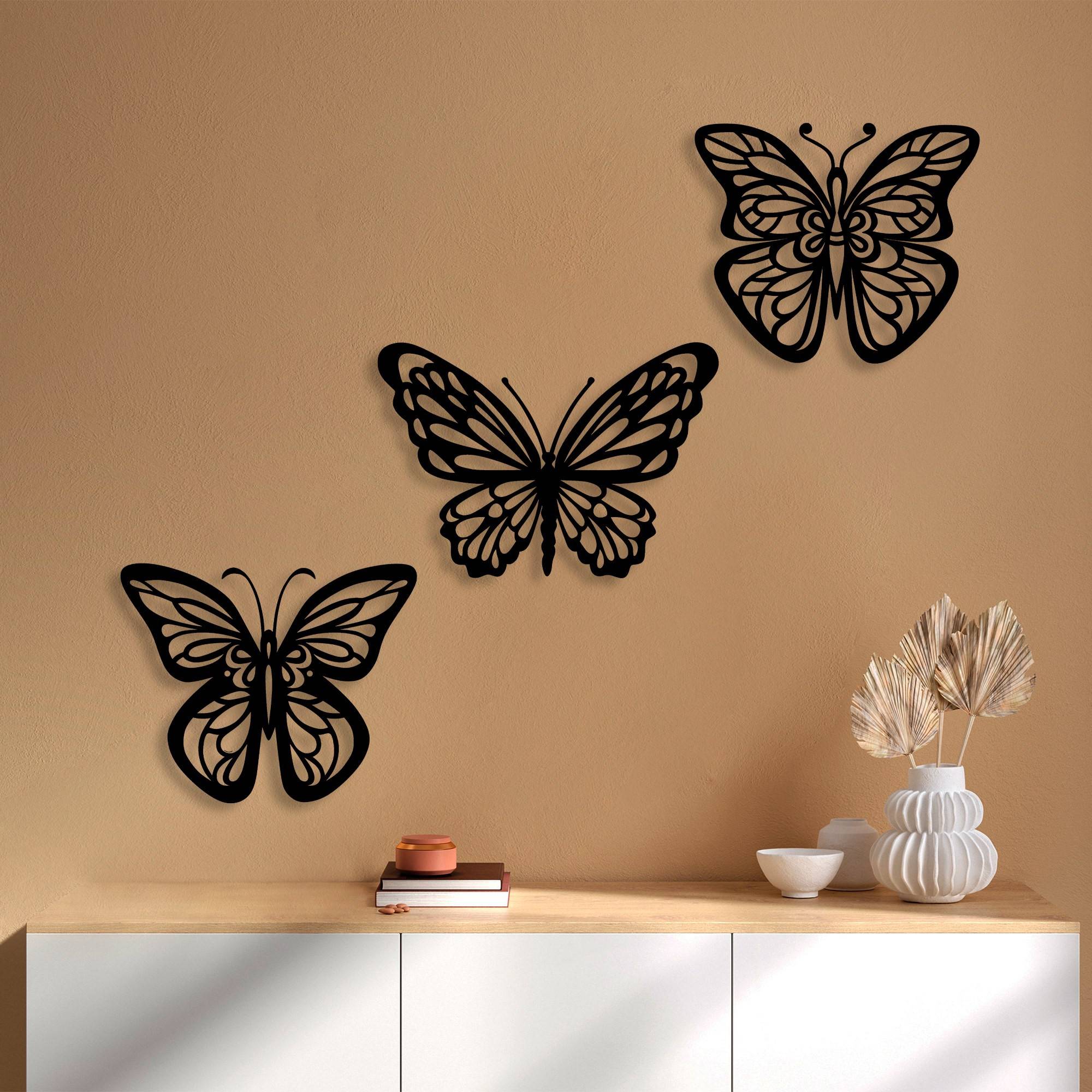 Set di 3 decorazioni da parete con farfalle Wotara in metallo nero